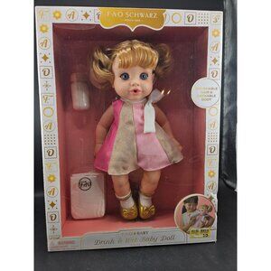 FAO Schwarz Drink & Wet Baby Doll 14" Brushable Hair Gold Shoes Pink Dress